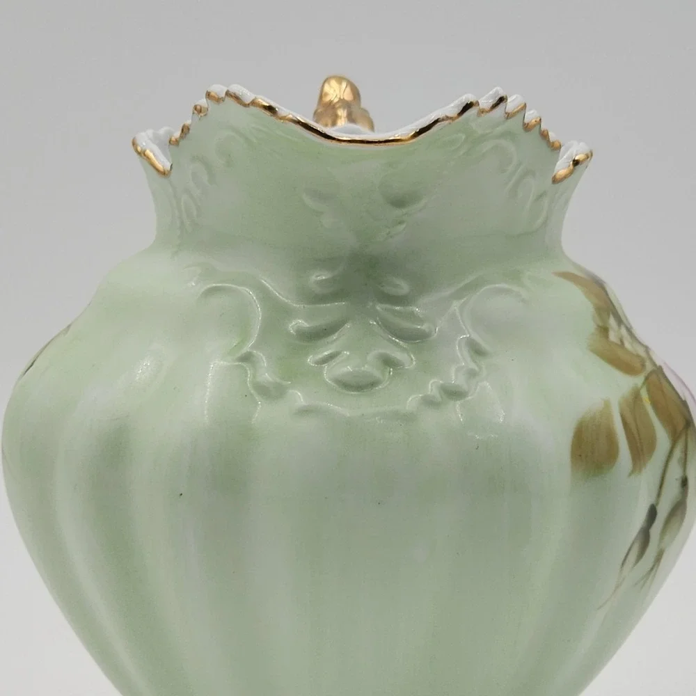 Vintage Lefton Rose Pitcher Hand Painted Green Porcelain Gold Trim 796